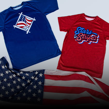 USA apparel laid on floor with an American Flag