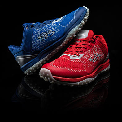blue and red Boombah Viper turf shoes