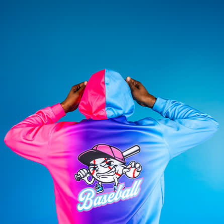 man in blue and pink baseball hoodie
