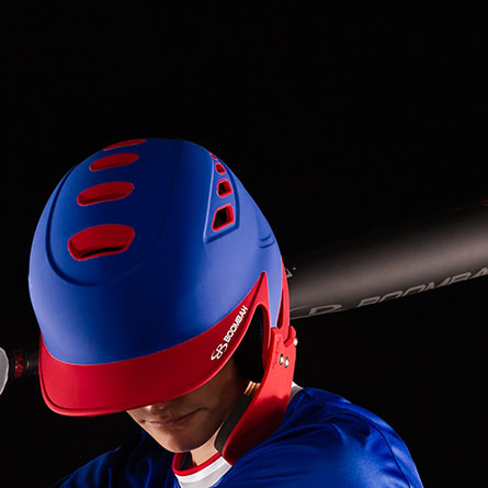 A baseball player with batting helmet