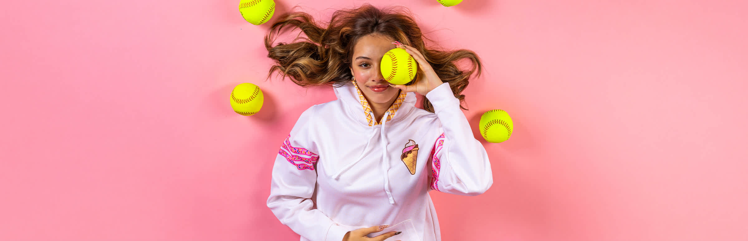 Women in a White Ice Cream themed hoodie