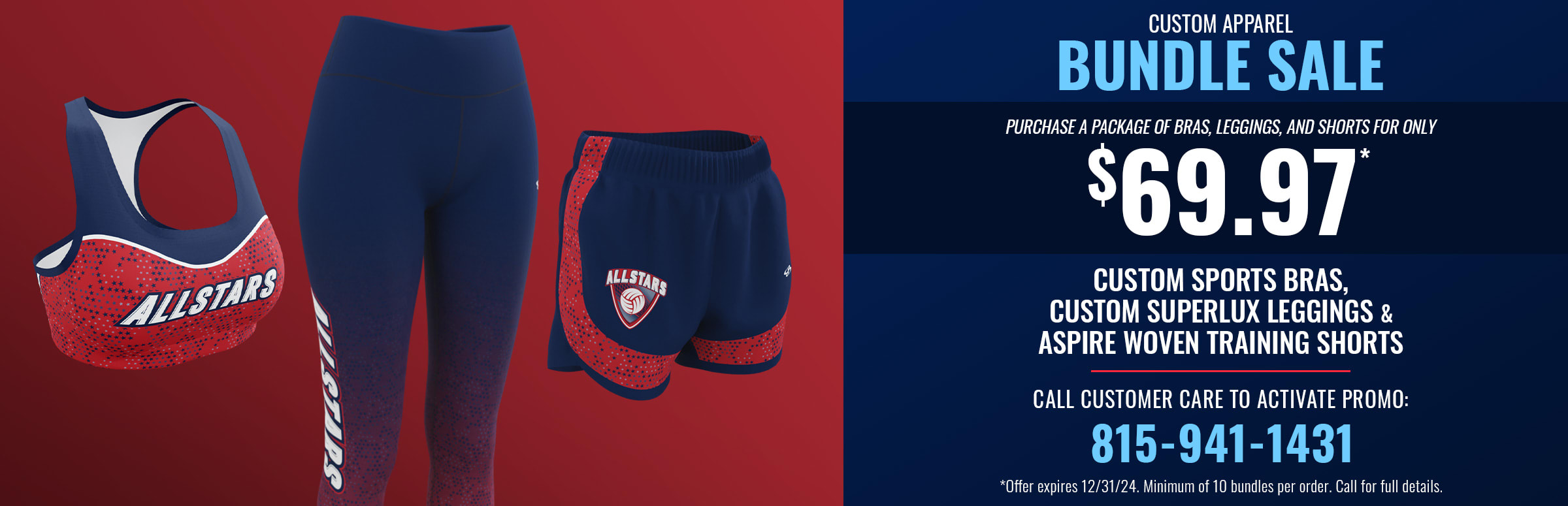 Custom Apparel Bundle Sale. Purchase a package of custom sports bras, custom SuperLux leggings, and Aspire woven shorts for only $69.97. Call 815-941-1431 for full details.
