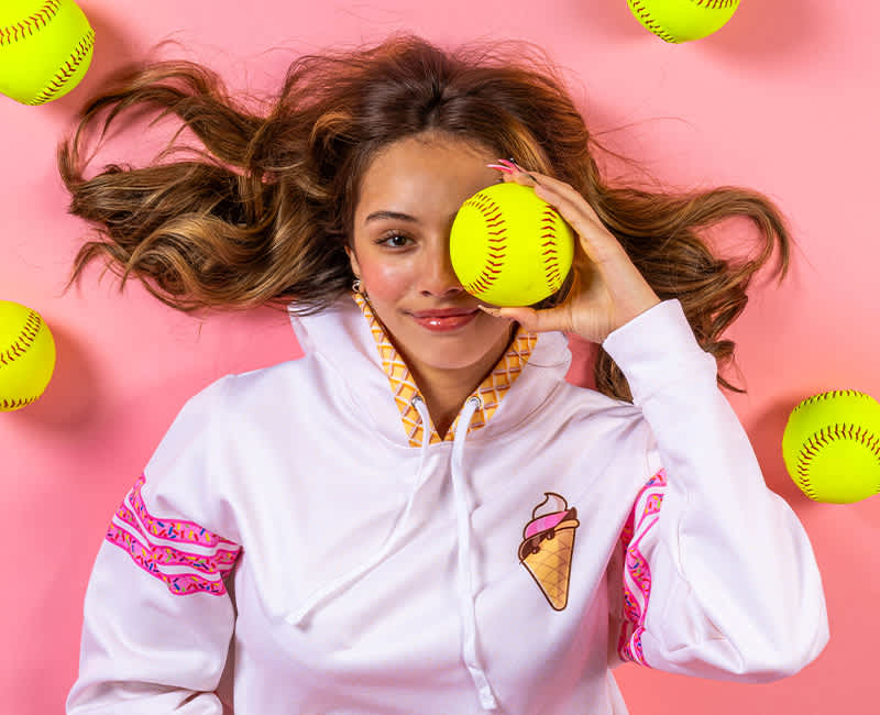 Women in a White Ice Cream themed hoodie