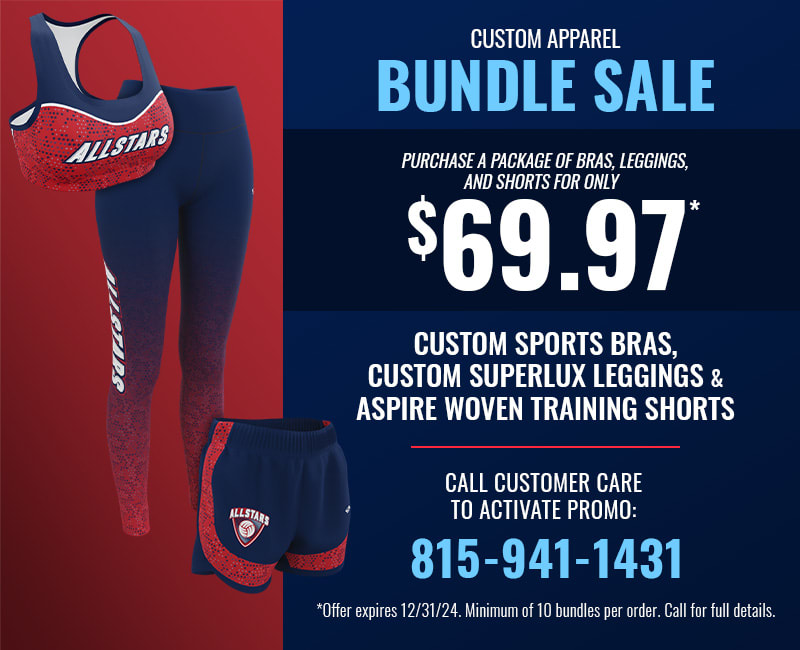 Custom Apparel Bundle Sale. Purchase a package of custom sports bras, custom SuperLux leggings, and Aspire woven shorts for only $69.97. Call 815-941-1431 for full details.