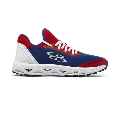 Red white top blue turf shoes